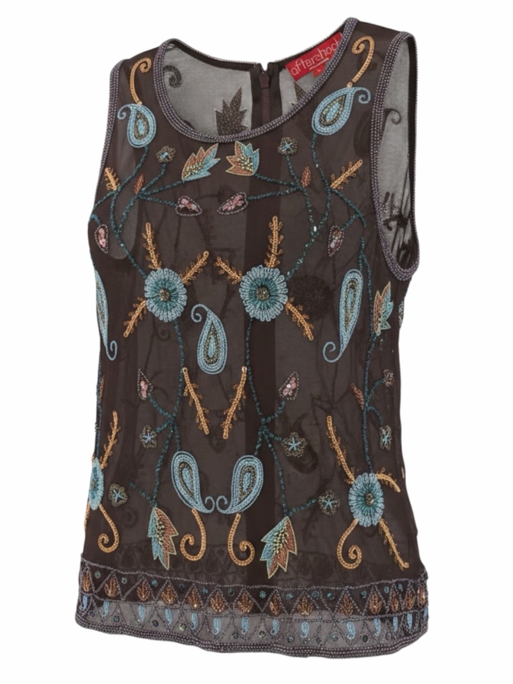 Aftershock Brown Beaded & Embroidered Floral Paisley Silk Top Size Large - Picture 6 of 6